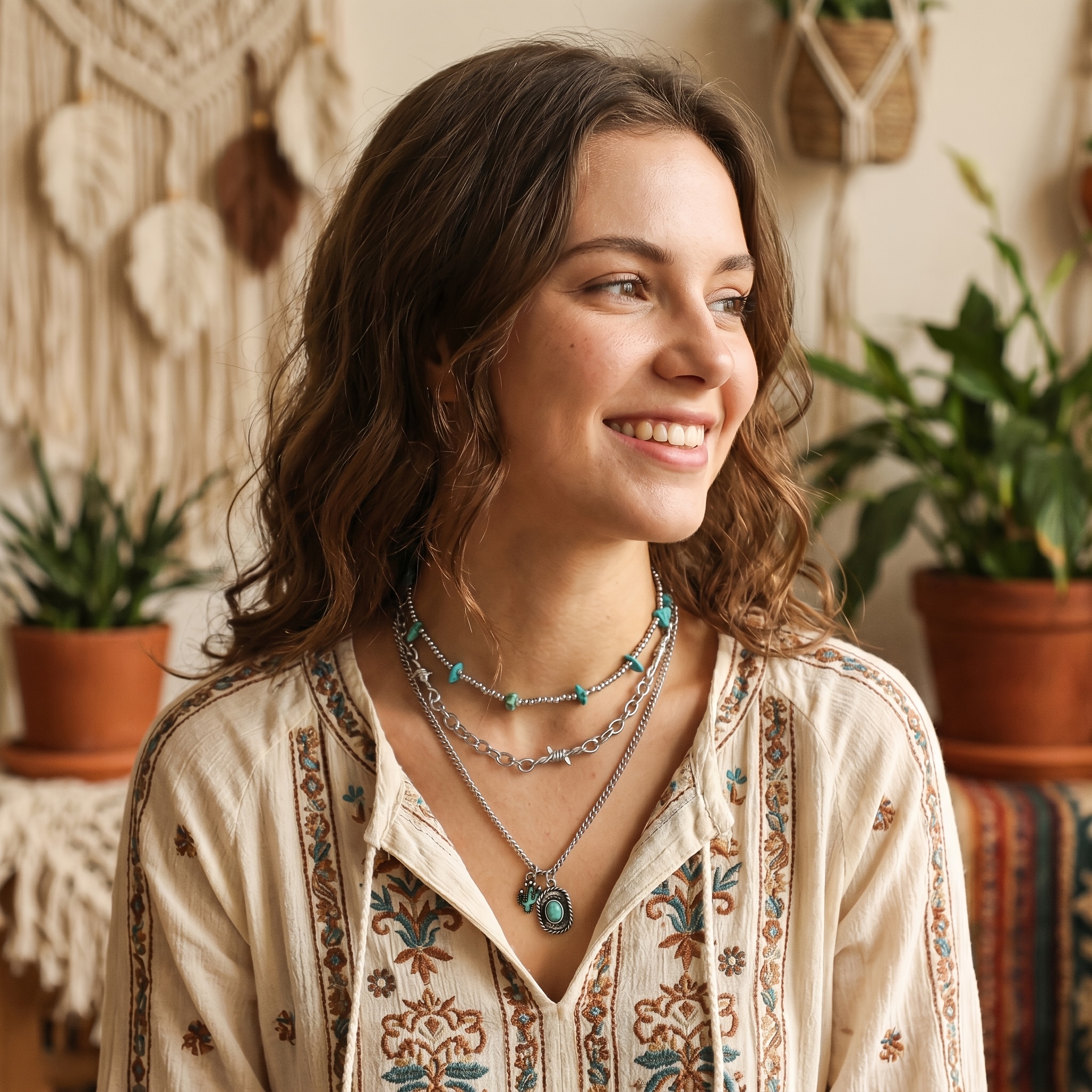 Western Cowboy Style Triple-Layer Turquoise Necklace for Women